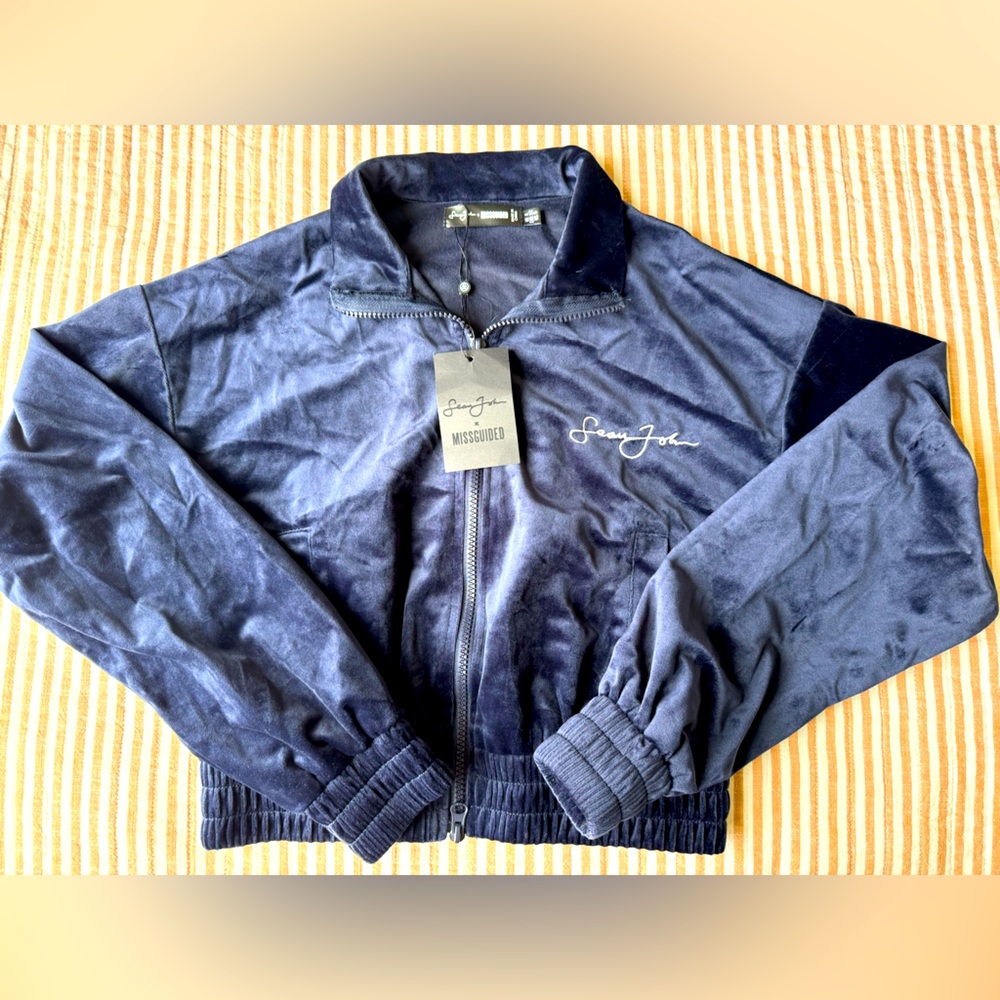NWT! Sean John x Missguided Velour Track Jacket Blue Cropped Zip Up Y2K Sz: S